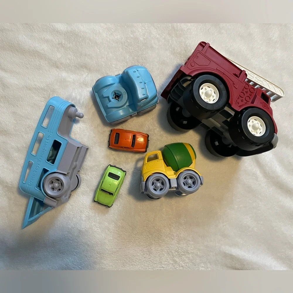 Bundle of Green Toys Firetruck, Car Loader, and Cement Truck